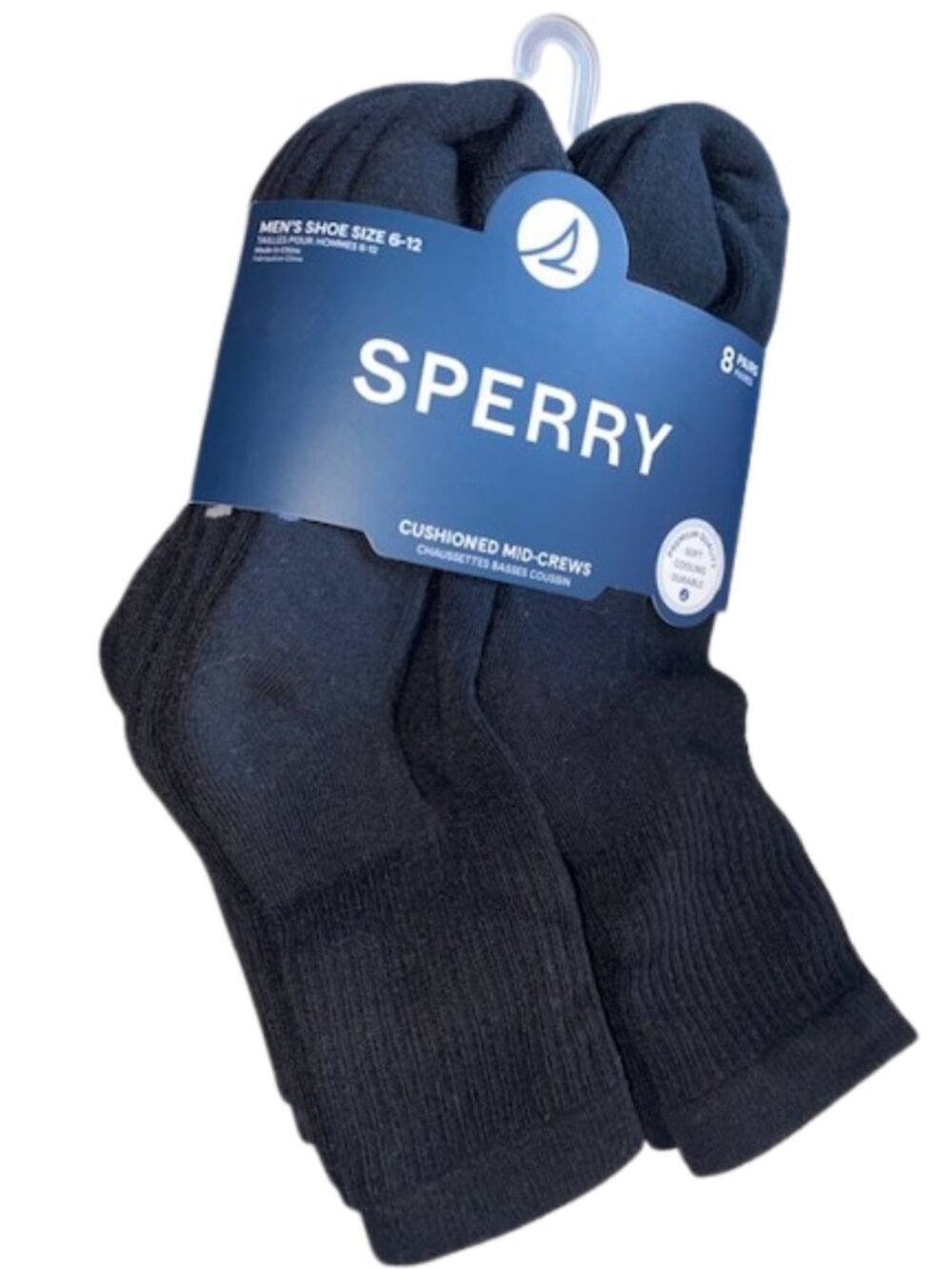 Sperry 8 Pair Men's Cushioned Black Mid-Crew Socks, Soft Cooling Durable